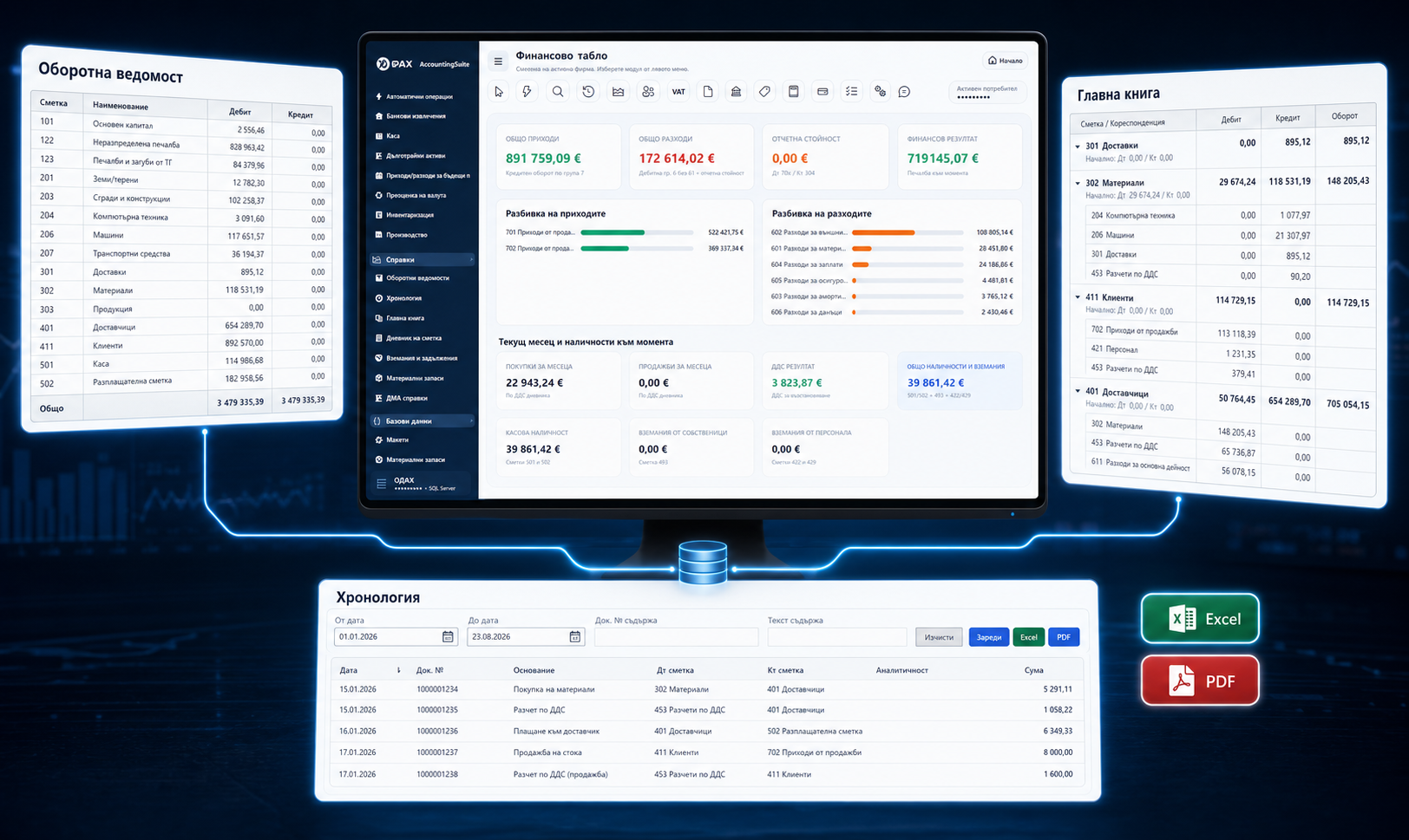 Финансово табло, оборотна ведомост, главна книга и хронология в ODAX AccountingSuite