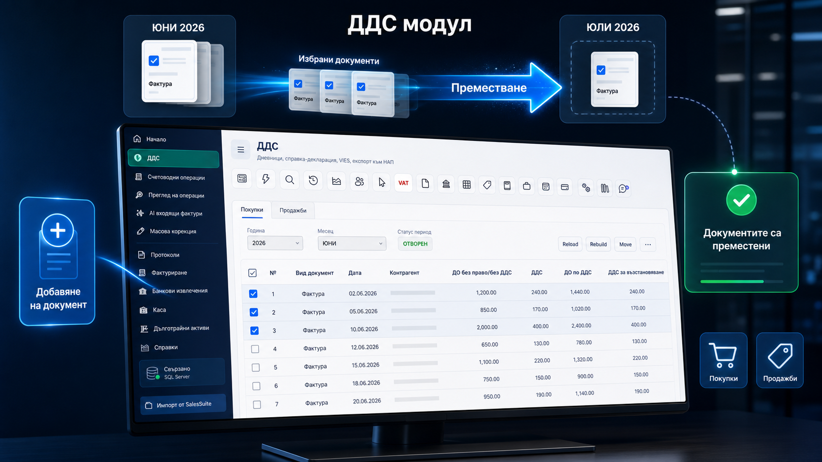 Преместване на избрани документи между ДДС периоди в ODAX AccountingSuite